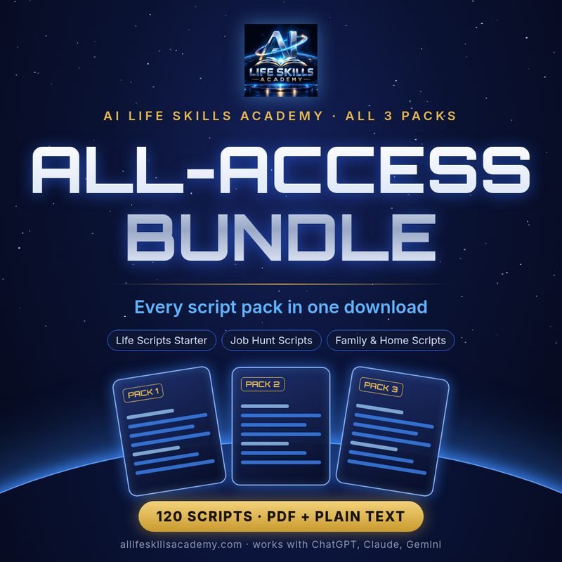 All-Access Bundle cover: AI Life Skills Academy copy-paste AI scripts