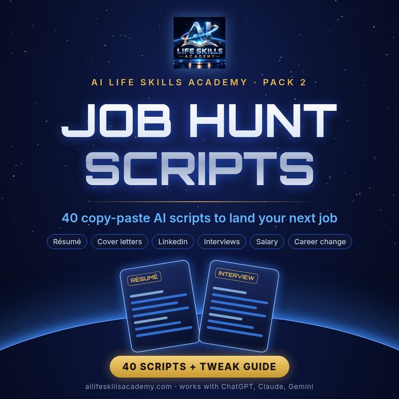 Job Hunt Scripts cover: AI Life Skills Academy copy-paste AI scripts