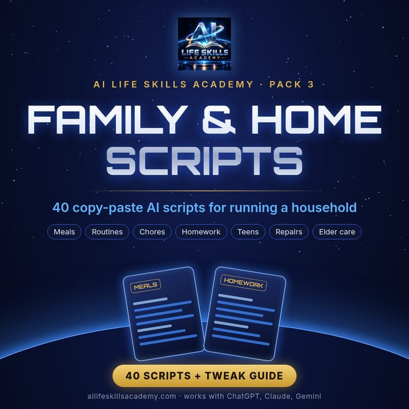 Family & Home Scripts cover: AI Life Skills Academy copy-paste AI scripts