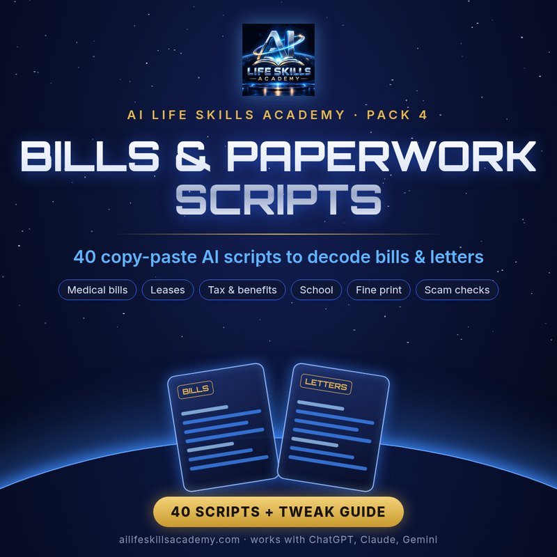 Bills & Paperwork Scripts cover: AI Life Skills Academy copy-paste AI scripts